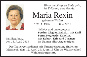 Todesanzeige von Maria Rexin von merkurtz