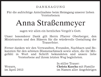 Todesanzeige von Anna Straßenmeyer von merkurtz