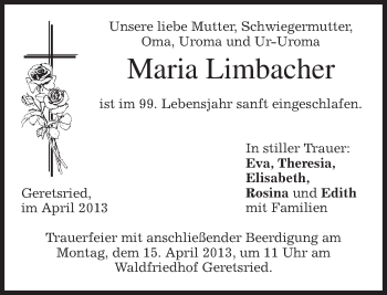 Todesanzeige von Maria Limbacher von merkurtz