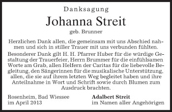 Todesanzeige von Johanna Streit von merkurtz