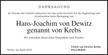 Todesanzeige von Hans-Joachim von Dewitz von merkurtz