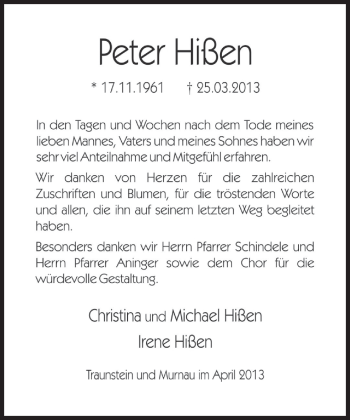 Todesanzeige von Peter Hißen von merkurtz