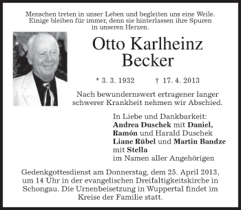 Todesanzeige von Otto Karlheinz Becker von merkurtz