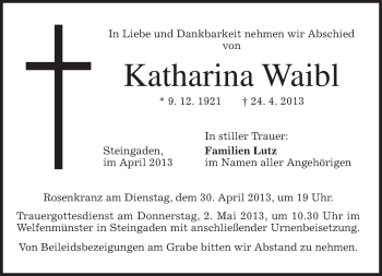 Todesanzeige von Katharina Waibl von merkurtz