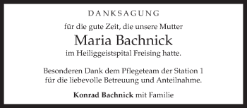 Todesanzeige von Maria Bachnick von merkurtz