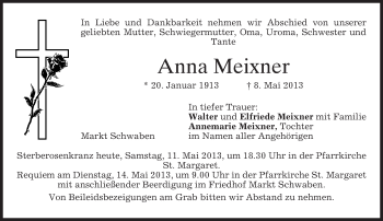 Todesanzeige von Anna Meixner von merkurtz