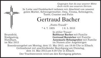 Todesanzeige von Gertraud Bacher von merkurtz
