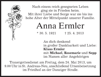 Todesanzeige von Anna Ermler von merkurtz