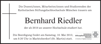 Todesanzeige von Bernhard Riedler von merkurtz