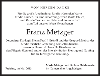 Todesanzeige von Franz Metzger von merkurtz