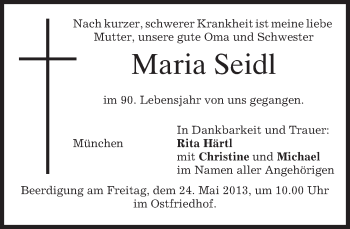 Todesanzeige von Maria Seidl von merkurtz