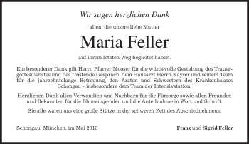 Todesanzeige von Maria Feller von merkurtz