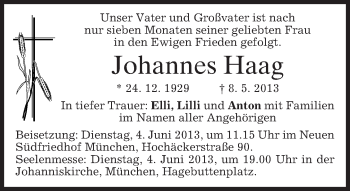 Todesanzeige von Johannes Haag von merkurtz
