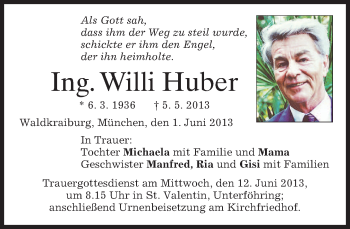 Todesanzeige von Willi Huber von merkurtz