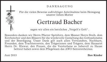 Todesanzeige von Gertraud Bacher von merkurtz