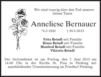 Todesanzeige von Anneliese Bernauer von merkurtz