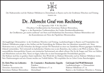 Todesanzeige von Albrecht Graf von Rechberg von merkurtz