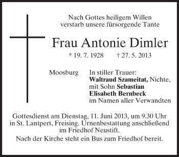 Todesanzeige von Antonie Dimler von merkurtz