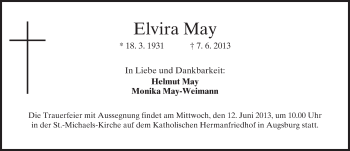 Todesanzeige von Elvira May von merkurtz