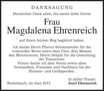 Todesanzeige von Magdalena Ehrenreich von merkurtz