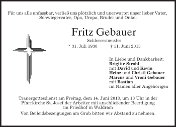 Todesanzeige von Fritz Gebauer von merkurtz