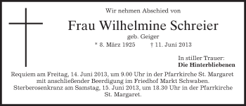 Todesanzeige von Wilhelmine Schreier von merkurtz