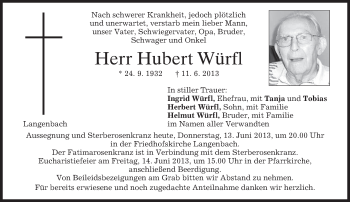 Todesanzeige von Hubert Würfl von merkurtz