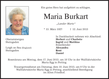 Todesanzeige von Maria Burkart von merkurtz