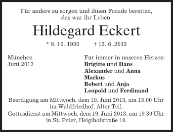 Todesanzeige von Hildegard Eckert von merkurtz