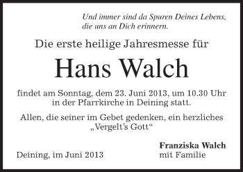 Todesanzeige von Hans Walch von merkurtz