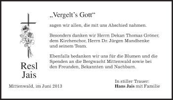 Todesanzeige von Resl Jais von merkurtz