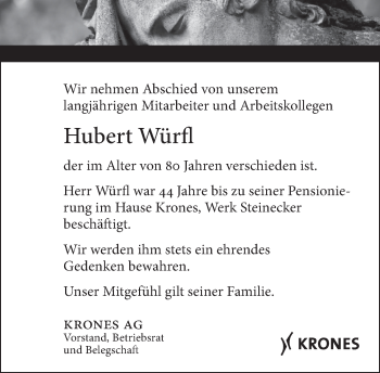 Todesanzeige von Hubert Würfl von merkurtz