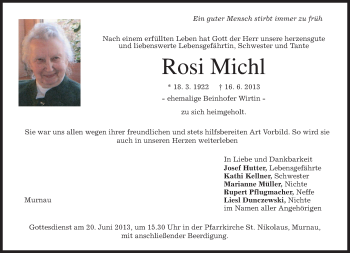 Todesanzeige von Rosi Michl von merkurtz