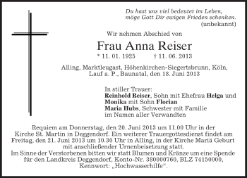 Todesanzeige von Anna Reiser von merkurtz