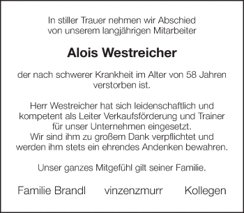 Todesanzeige von Alois Westreicher von merkurtz