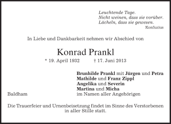 Todesanzeige von Konrad Prankl von merkurtz