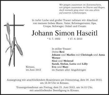 Todesanzeige von Johann Simon Haseitl von merkurtz