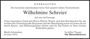 Todesanzeige von Wilhelmine Schreier von merkurtz