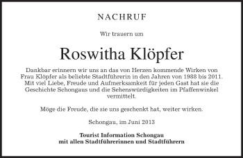 Todesanzeige von Roswitha Klöpfer von merkurtz