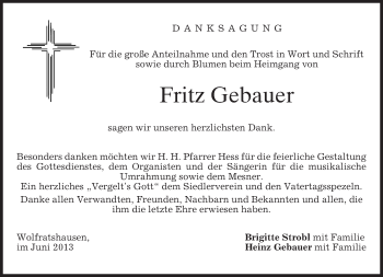 Todesanzeige von Fritz Gebauer von merkurtz