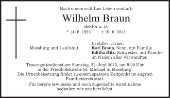 Todesanzeige von Wilhelm Braun von merkurtz