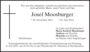 Todesanzeige von Josef Moosburger von merkurtz