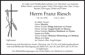 Todesanzeige von Franz Riesch von merkurtz