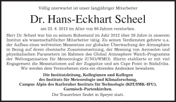 Todesanzeige von Hans-Eckhart Scheel von merkurtz