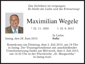 Todesanzeige von Maximilian Wegele von merkurtz
