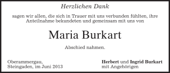 Todesanzeige von Maria Burkart von merkurtz