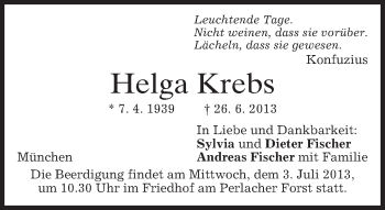 Todesanzeige von Helga Krebs von merkurtz