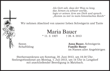 Todesanzeige von Maria Bauer von merkurtz