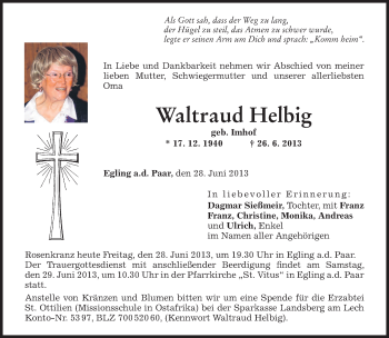 Todesanzeige von Waltraud Helbig von merkurtz
