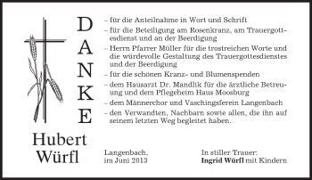 Todesanzeige von Hubert Würfl von merkurtz